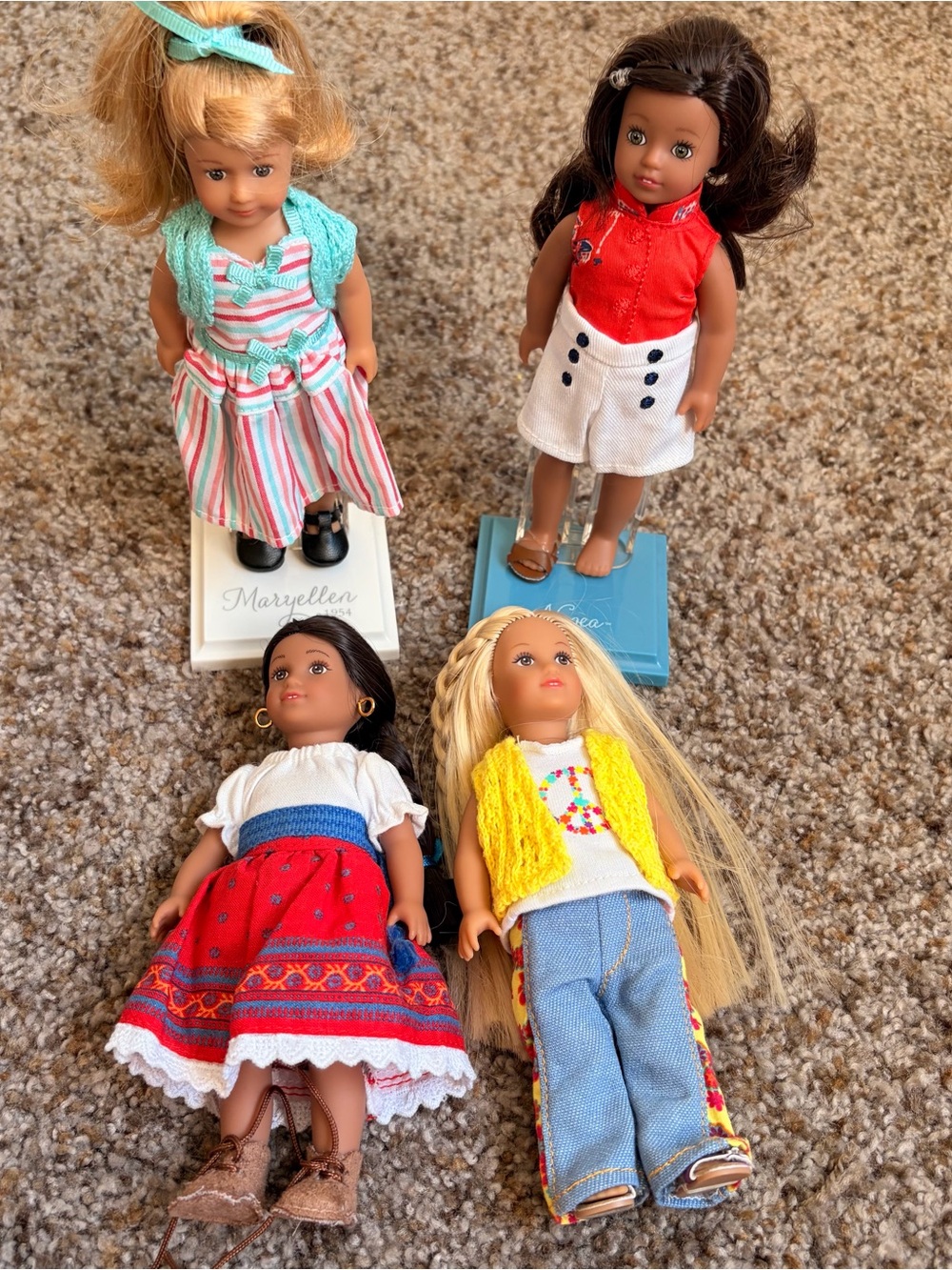 American Girl Petite Mini Dolls Set with Red, Yellow, Blue, Mint, White Clothing